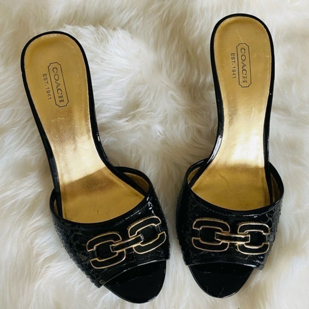 Coach “Hazel” black patent leather slide in peep toe sandals, Sz. 7